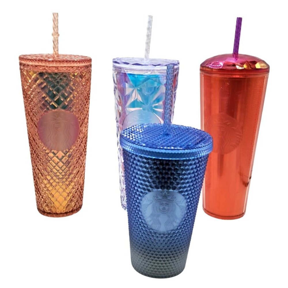 Starbucks Reusable Tumblers Cold Cups Lot Of 4 With Straws Iridescent Textures 2
